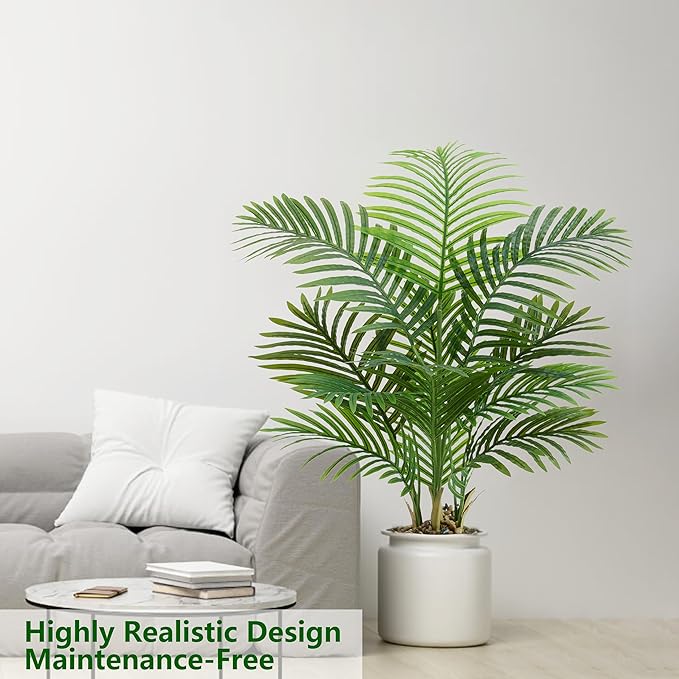 Artificial Palm Tree 3.5FT Tall Fake Tree with White Taper Planter & Pebbles, UV Resistant for Indoor & Outdoor Decor - Large Potted Faux Plant for Living Room, Office, Home Decor