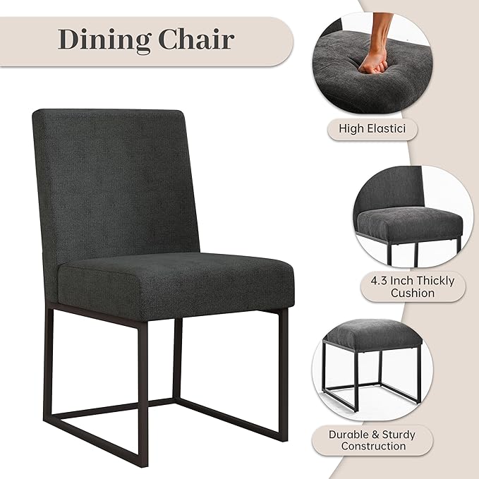 VKNOW Upholstered Dining Chairs Set of 2, Modern Dining Room Chairs, Linen Kitchen Chair Dinner Chair with Black Metal Base for Kitchen Office, Dark Grey-Unstriped