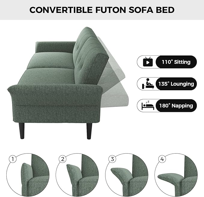 89” Futon Sofa Bed,Comfy Futon Couch Bed with 2 Square Pillows,Convertible Sleeper Sofa with Adjustable Backrest& Armrests, Modern Loveseat Sleeper for Living Room, Bedroom, Linen Green
