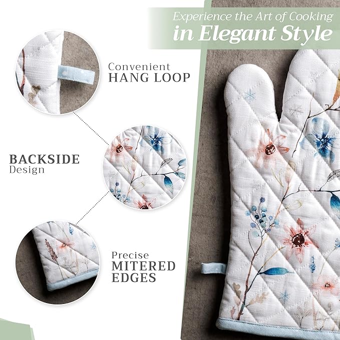 Maison d' Hermine Oven Gloves 100% Cotton Oven Mitt 7" x 13" with Loop Heat Resistant BBQ Cooking Gloves for Thanksgiving Christmas Decorations Baking Handling Hot Pans (Pack of 1, Ice Florals)