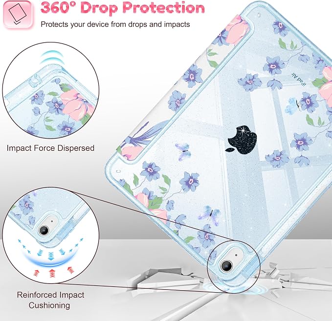 for iPad Air 11 inch M4/M3/M2 (2026/2025/2024) iPad Air 5th/4th Gen (2022/2020) 10.9 inch with Pencil Holder Glitter Clear Pretevtive Cover Auto Wake/Sleep Black Cartoon Stickers