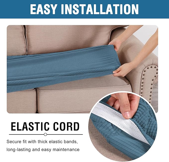 H.VERSAILTEX Super Stretch Individual Seat Cushion Covers Sofa Covers Couch Cushion Covers Slipcover Sets Thick Jacquard Textured Twill Fabric (1 Piece Loveseat Cushion Cover, Dusty Blue)