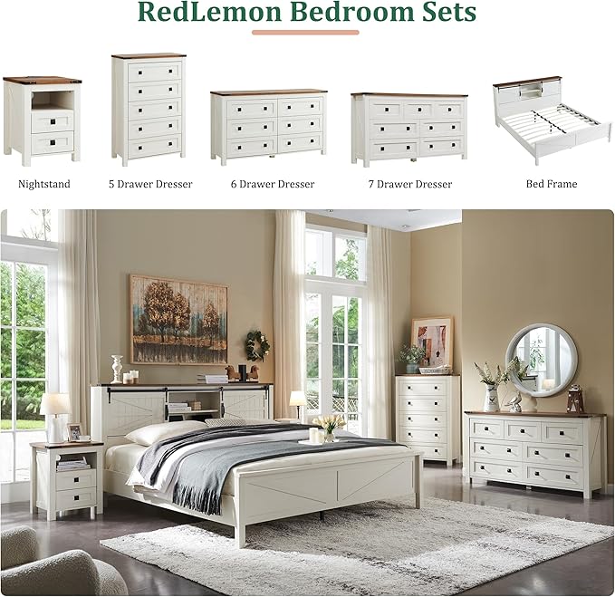 RedLemon Farmhouse King Size Bed Frame with Bookcase Headboard, Sliding Barn Door, Storage Cabinet, Charging Station, Wood Slats Support, No Box Spring Needed