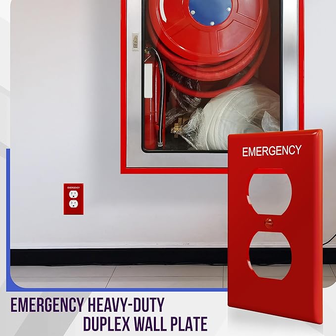 ENERLITES Duplex Receptacle Outlet Wall Plate with Emergency Label, Electrical Outlet Cover, Mid-Size Size 1-Gang 4.88" x 3.11", Unbreakable Polycarbonate Thermoplastic, UL Listed, 8821M-ER, Red