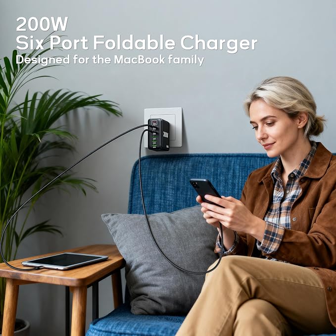 2 Pack USB C Charger Block 200W GaN Super Fast Charger Type C Fast Charging 6 Port Foldable PD Charging Station for All Phone/Android Samsung Galaxy S25/S24/MacBook iPad