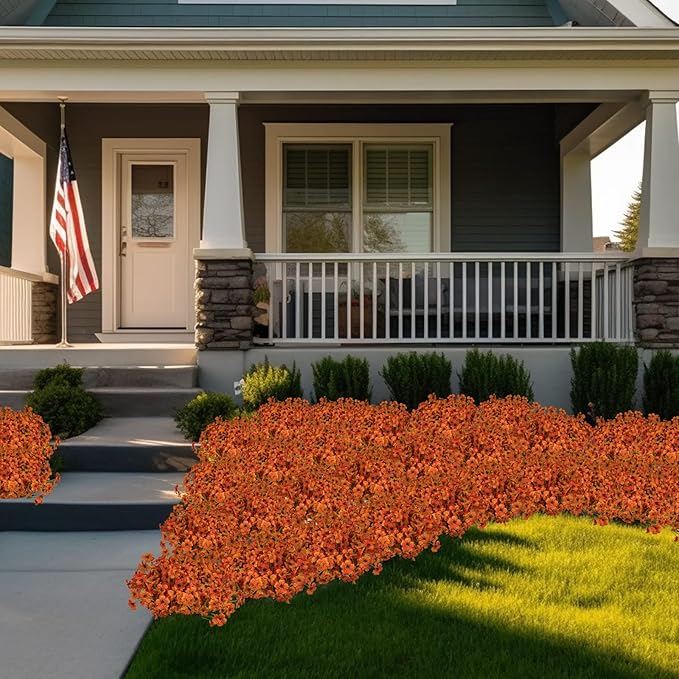 Lnoicy 24 Pcs Artificial Flowers for Outdoor,Plastic Flowers Decoration, UV Resistant Faux Flowers Shrubs, Artificial Plants for Indoor Outside Garden Home Wedding Farmhouse(Orange)