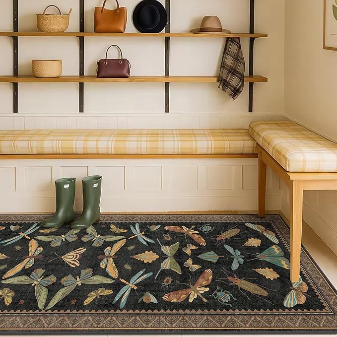 2x6 Black Entryway Runner Rugs Washable Non Slip Runners for Hallway, Kitchen, Mudroom, Laundry Room, Stain Resistant Ultra Soft Non Skid, Nature Insect Fantasy Whimsical Indoor Decor