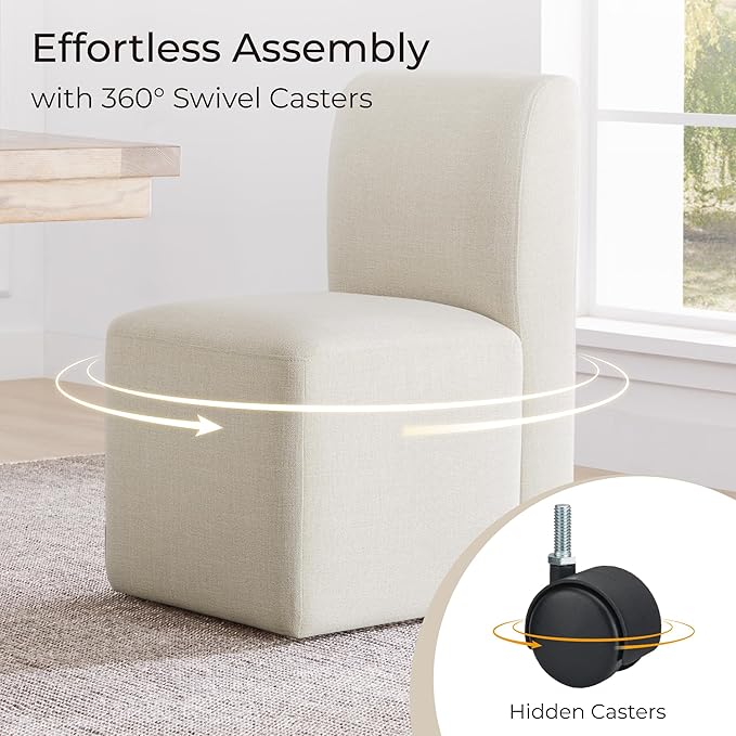 CHITA Dining Chairs with Casters Set of 2, FSC Certified Upholstered Armless Modern Rolling Dining Chairs with Rollers for Bedroom Reading Room Living Room, Linen