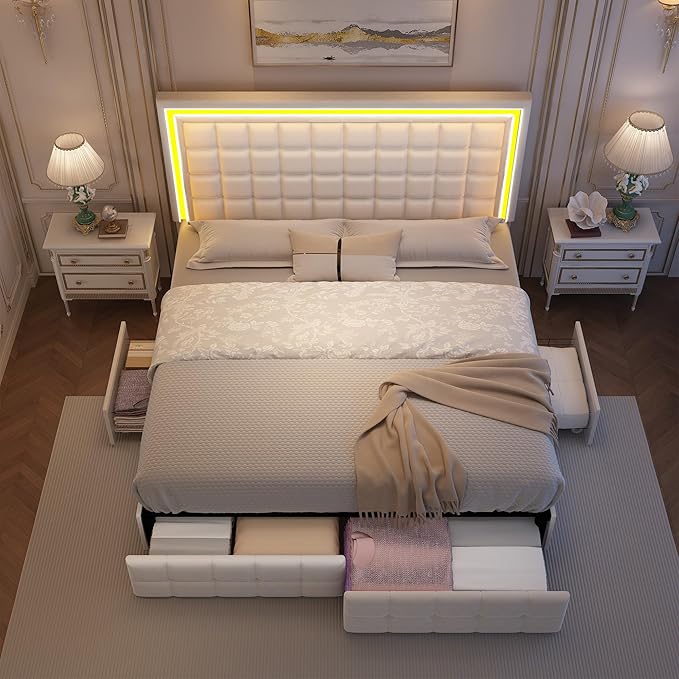 King Bed Frame with LED Lights & Storage Drawers, No Box Spring Needed, Heavy Duty 900lbs Weight Capacity, Easy Assembly, Modern Upholstered Platform Bed, Velvet Cream