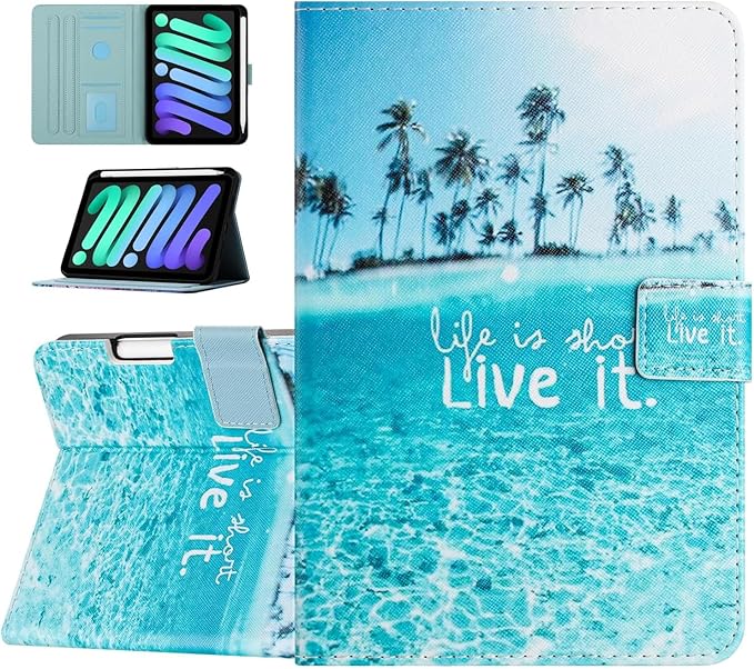 Case for iPad mini 7 A17 Pro &amp iPad mini 6 (2024/2021) Built-in Pencil Holder Premium PU Leather Folio Stand Smart Protective Cover Multi-Viewing Angles and Auto Wake/Sleep - Beach