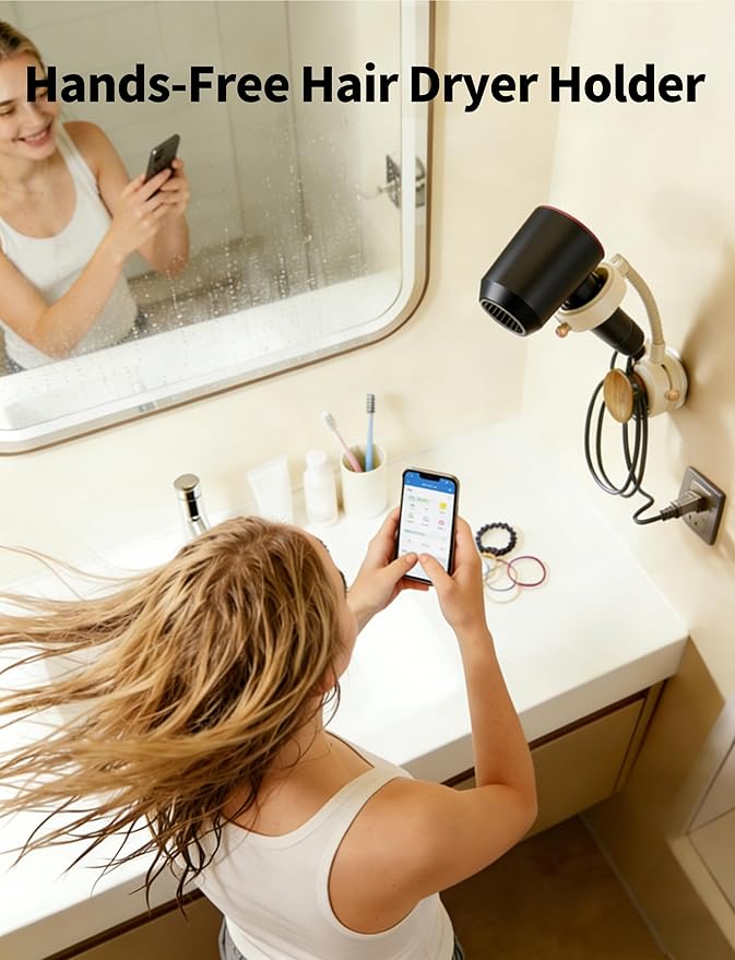 Hands Free Hair Dryer Holder Wall Mounted with Suction Cup, No Drill Installation for Damage-Free Walls, 360° Adjustable Blow Dryer Holder Fits Most Hair Dryers for Bathroom Organization 1Pack(Cream)