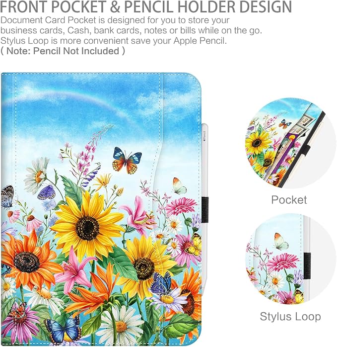 Case for iPad Air 13-inch M4/M3/M2 iPad Pro 12.9 6th/5th/4th/3rd Generation Case with Pencil Holder Multi-Angle Adjustable Stand Shockproof Pocket/Hand Strap/Auto Wake Sleep Sunflowers Butterfly