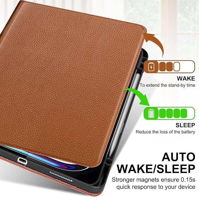 Genuine Leather Case for iPad 11th Gen 11/10th Gen 10.9 Black | Pencil Holder Adjustable Stand Auto Wake/Sleep Shockproof