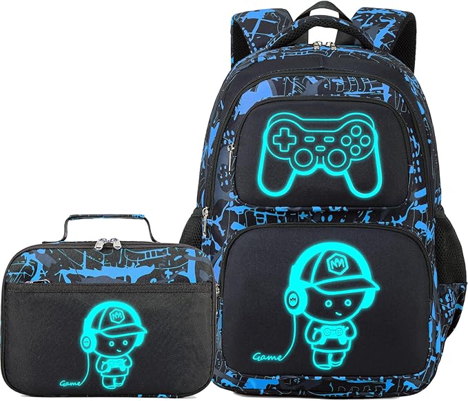 Boys Backpack with Lunch Box Glow in Dark Gamer Bookbag Kids Ages 4-12 Kindergarten Elementary Middle School Gaming Backpack, Luminous Game Boy Black Blue