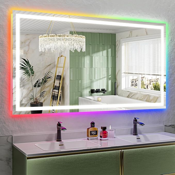 YEELAIT 65x36 Inch RGB LED Bathroom Mirror Front Light and RGB Backlit Lighted Vanity Mirror for Bathroom Wall Mounted Dimmable Anti Fog Memory Shatter-Proof IP54 Waterproof Horizontal/Vertical