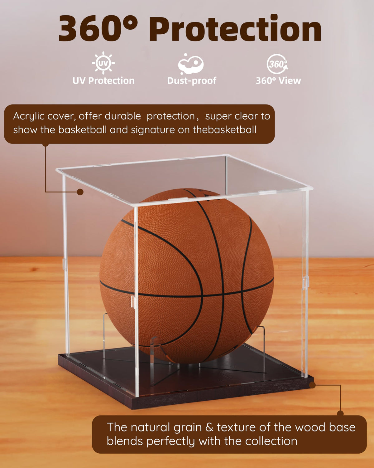 Fitense Full Size Acrylic Basketball Display Case with Solid Wood Base