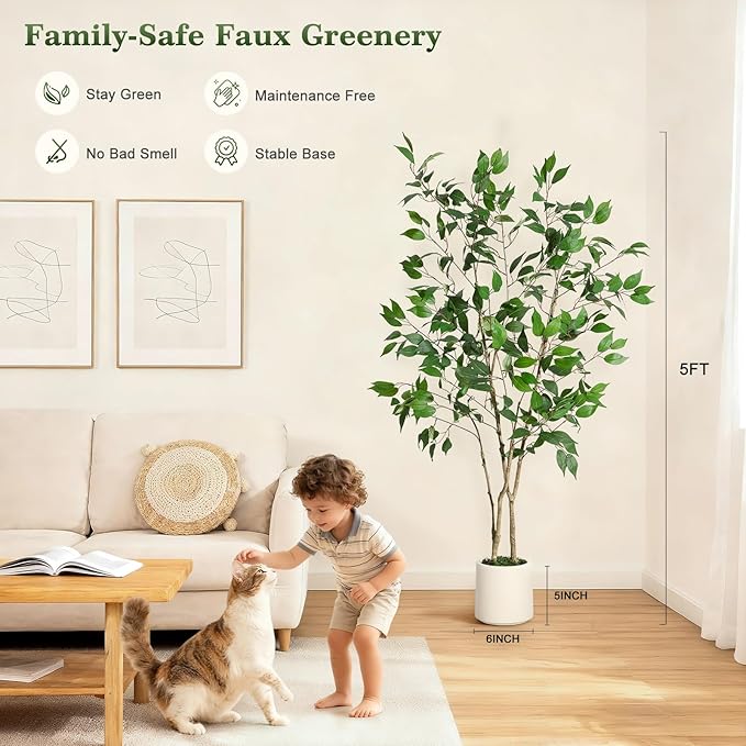 5FT Ficus Trees Artificial Indoor, Faux Silk Plant with Natural Wood Trunk and Lifelike Fruits, White Imitation Ceramic Planter with Green Fake Moss for Modern Home Office Living Room Decor