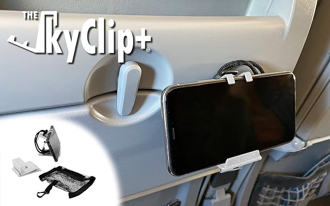 The SkyClip+ Phone &amp Tablet Holder for Air Travel Home and Office Use - Inflight Phone Mount &amp Stand Compatible with iPhone Android Kindle and Tablets - Ultimate Travel Accessory (Black)