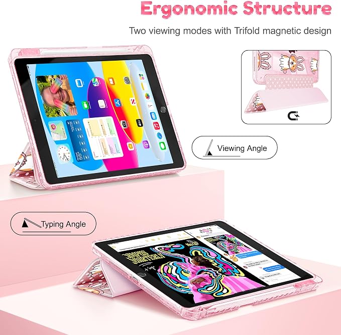 Case for iPad 9th/ 8th/ 7th Generation 10.2-Inch Case(2021/2020/2019 Release) Glitter Tablet Cases with Transparent Acrylic Back+Trifold Stand+Pencil Holder+Auto Wake/Sleep Bows-Stripe
