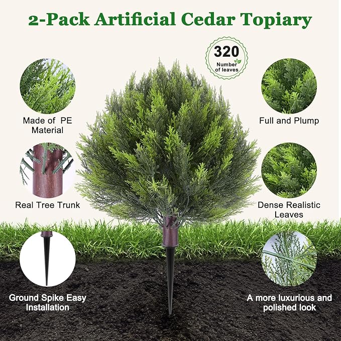 Set of 2 Artificial Cedar Heart Shape Topiary Tree with Realistic PE Leaves - Chartreuse Yellow (24"), UV Resistant Fake Plants for Outdoor & Indoor Garden, Front Porch & Balcony Decor