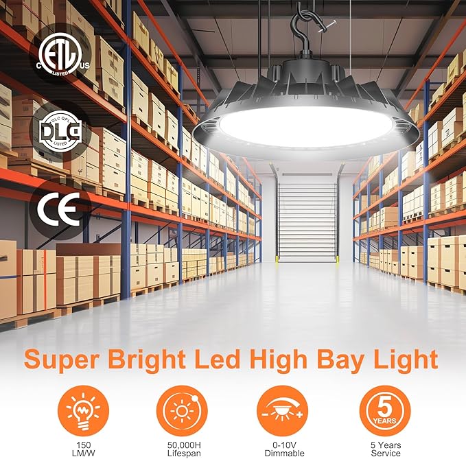 3Pack LED High Bay Lights, Super Bright 240W UFO High Bay LED Shop Lights, 36000LM 5000K, 0-10V Dimmable, 5' Cable Plug, IP65 Waterproof, ETL Listed Plug & Play Lighting for Gym Factory Warehouse