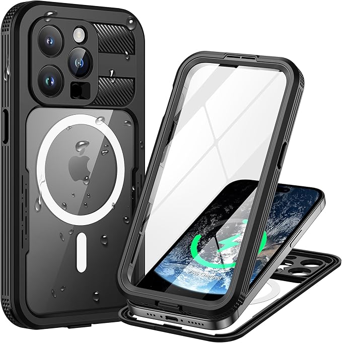Lanhiem Magnetic for iPhone 15 Pro Case, IP68 Waterproof Dustproof Case, [Compatible with Magsafe] [Built-in Screen Protector] Full Body Heavy Duty Rugged Phone Cover 6.1 inch, Black