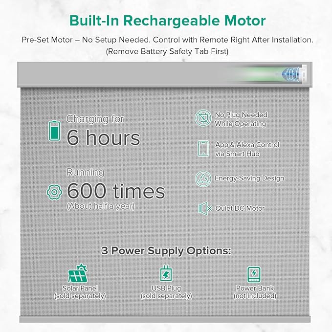 Kilonity Motorized Roller Shades, Light Filtering Remote Control Custom Window Shades Compatible with Alexa Google Assistant via RF Hub, Rechargeable Electric Blinds for Windows (Fireproof Grey)