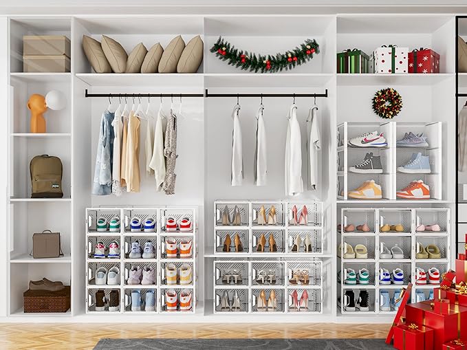 SIMPDIY Shoe Organizer, 12 Pack Shoe Storage Shoe Organizer for Closet, Shoe Boxes Clear Plastic Stackable Shoe Storage Boxes for Size 13