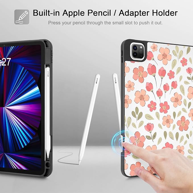 May Chen Case for iPad Pro 11 inch (4th 3rd 2nd &amp 1st Gen) 2022 2021 2020 2018 Trifold Stand + Pencil Holder + Auto Wake/Sleep + Soft TPU Protective Stand Back Cover Abstract Floral