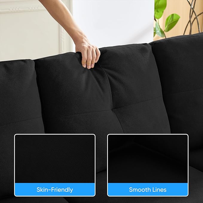 PUREMIND Sectional Couches for Living Room, Modern Snow Velvet U-Shaped Sofa Couch with Double Chaise, Upholstered 4 Seater Home Sofa for Living Room, Apartment, Office, Black