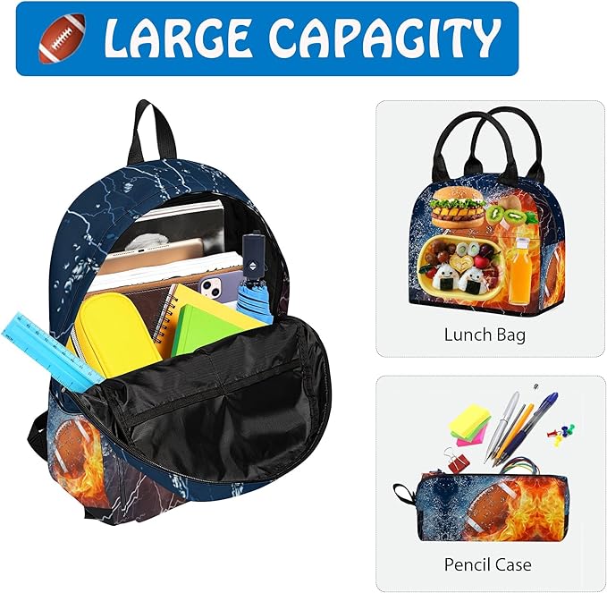 3PCS Backpack for Boys Girls, Kids Football Back to School Backpack Sets with Lunch Bag Pencil Case, 17 Inch Lightweight Bookpack 3 in 1 Set for Teens Elementary Middle High School Students
