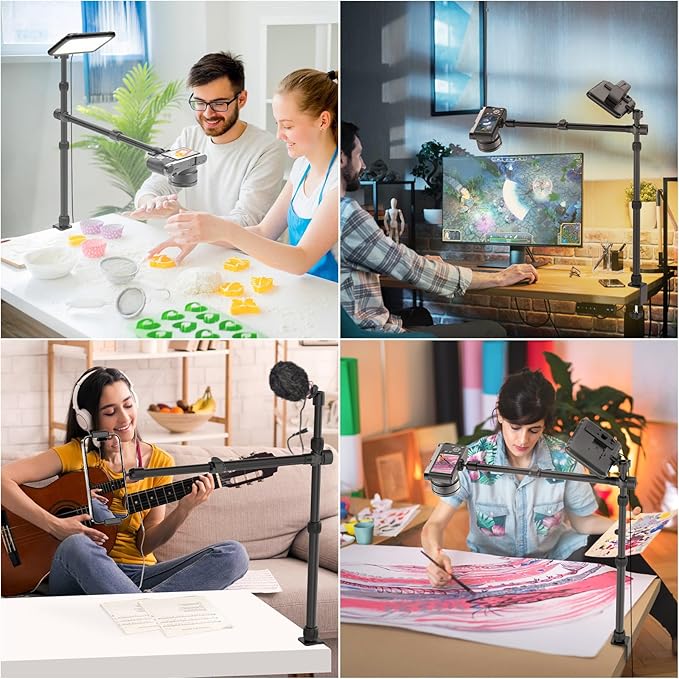 Ailight Overhead Camera Mount Desk Stand, 15.75"-33.45" Webcam Mount with 2-Section Adjustable Telescopic Boom Arm, C Clamp/Swiveling Ball Head for DSLR Camera, Phone Clip, Ring Light, Webcam