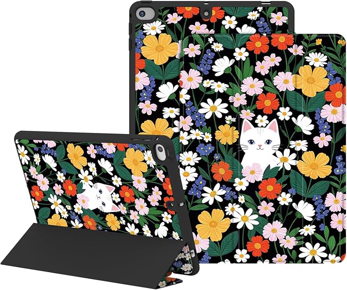 Case for iPad 6th / 5th Generation 9.7-inch iPad Air 2 /Air 1 | Smart Trifold Stand Shockproof Case with Pencil Holder Auto Wake/Sleep Cover Viewing &amp Typing Angles Black Flowers