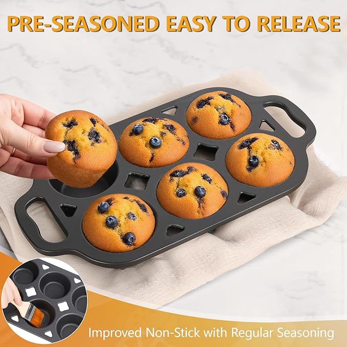 COSORM Pre-Seasoned Cast Iron Muffin Pan - 6-Cup Nonstick Cupcake Pan, 2 Piece Set