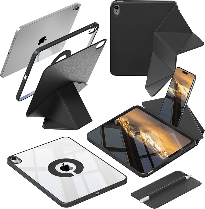 kenke Case for iPad Air 11'' M4/M3/M2 Air 10.9'' 5th/4th Gen Black | Detachable Rotating 360° Magnetic Clear Back Multi-folding Stand Cover Pencil Holder Auto Wake/Sleep Touch ID