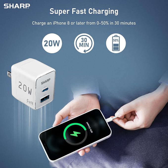 Sharp USB C Charger - 20W Dual Port (USB A+C) Compact Foldable GaN Fast Charge for iPhone 15/15 Pro/15 Pro Max/14/13/12 Pad Pro/AirPods and More Black GW-20PDA201U-BLK