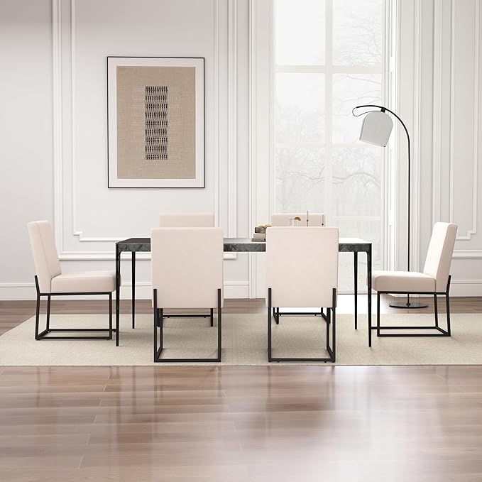 VKNOW Upholstered Dining Chairs Set of 6, Modern Dining Room Chairs, Linen Kitchen Chair Dinner Chair with Black Metal Base for Kitchen Office, Beige-Unstriped
