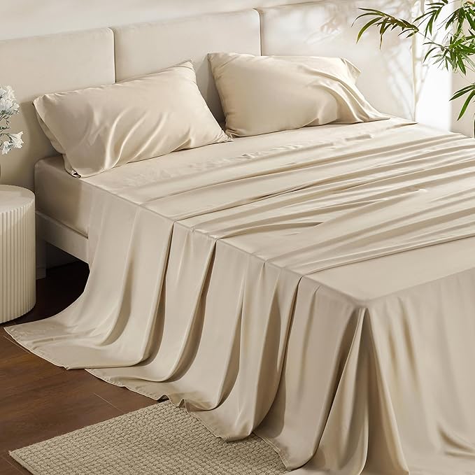 Bedsure Queen Sheet Set, Rayon Derived from Bamboo, Cooling Sheets, Deep Pocket Up to 16", Breathable & Soft, Hotel Luxury Silky Bedding for Hot Sleepers, Beige