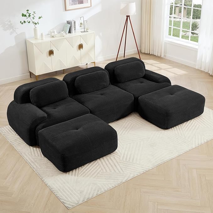 Black Ottoman for Modular Sectional Sofa, Corduroy Deep Seat for Oversized Compressed Boneless Sectional Couches for Living Room Bedroom Apartment, Cloud Sofa Couch, Memory Foam, No Assembly