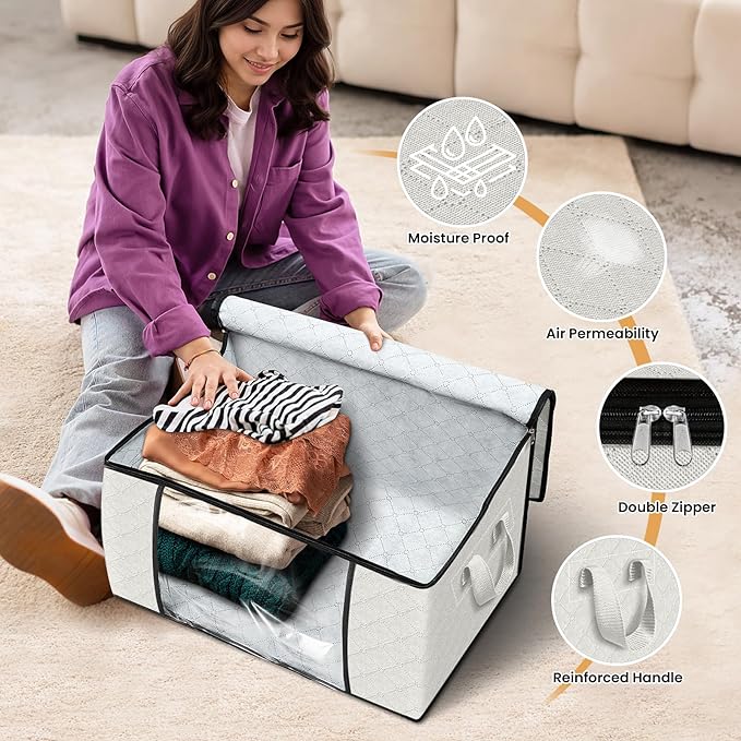 Fab totes 10 Pack Clothes Storage, Foldable Thick Fabric Blanket Storage Bags, Containers for Organizing Bedroom, Closet, Clothing, Comforter, Organization with Handle,Ivory White