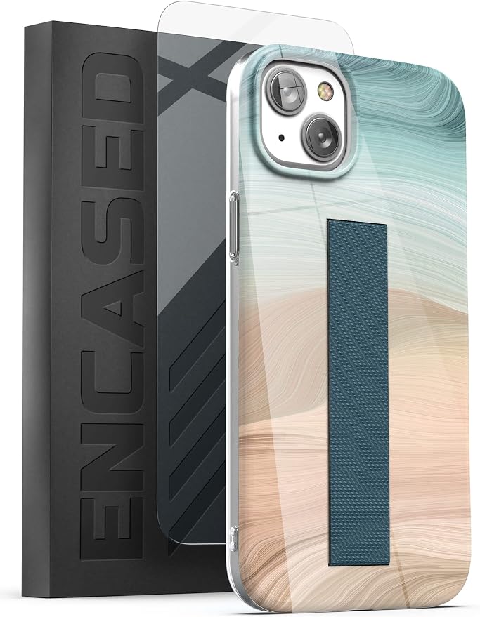 ENCASED Finger Loop Case Designed for iPhone 14 Plus Case with Hand Strap Phone Holder and Screen Protector (Black/Gold Marble)