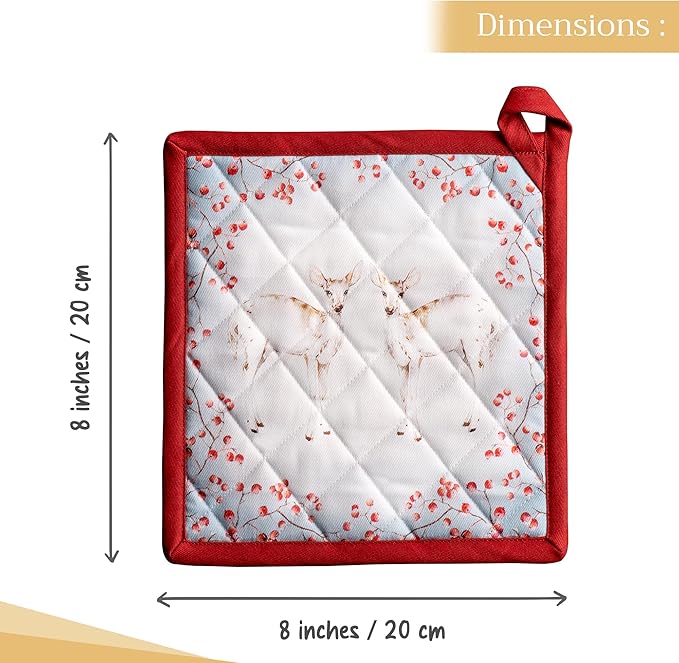 Maison d' Hermine Pot Holders Set 100% Cotton Heat Resistant Potholders 8" x 8" Hot Pads with Loop for Thanksgiving Christmas Decorations BBQ Baking Handling Hot Pans (Pack of 2, Fairy Tale Forest)