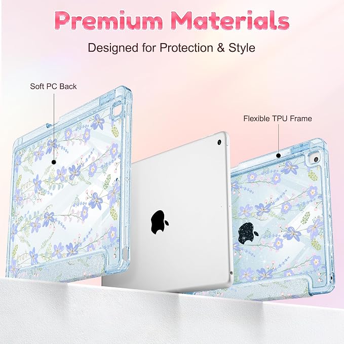 Mektron Sparkly Case for iPad 10.2 inch Glitter Tablet Cases for iPad 9th Gen 2021/8th Gen 2020/7th Gen 2019 Cover with Shiny Clear Back Shell Foldable Bling Smart Cover Blue Floral