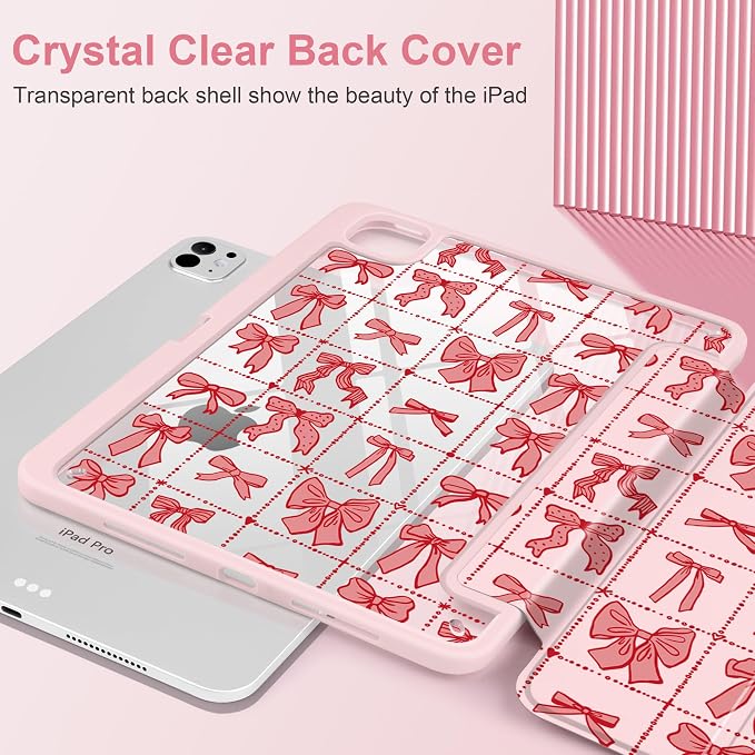 DONGKE for iPad Pro 11-Inch Case (M5 2025 / M4 2024) 6th/5th Generation [Auto Sleep/Wake &amp Pencil Pro Holder] Clear Acrylic Back Smart Trifold Stand Cover Bear &amp Cherry