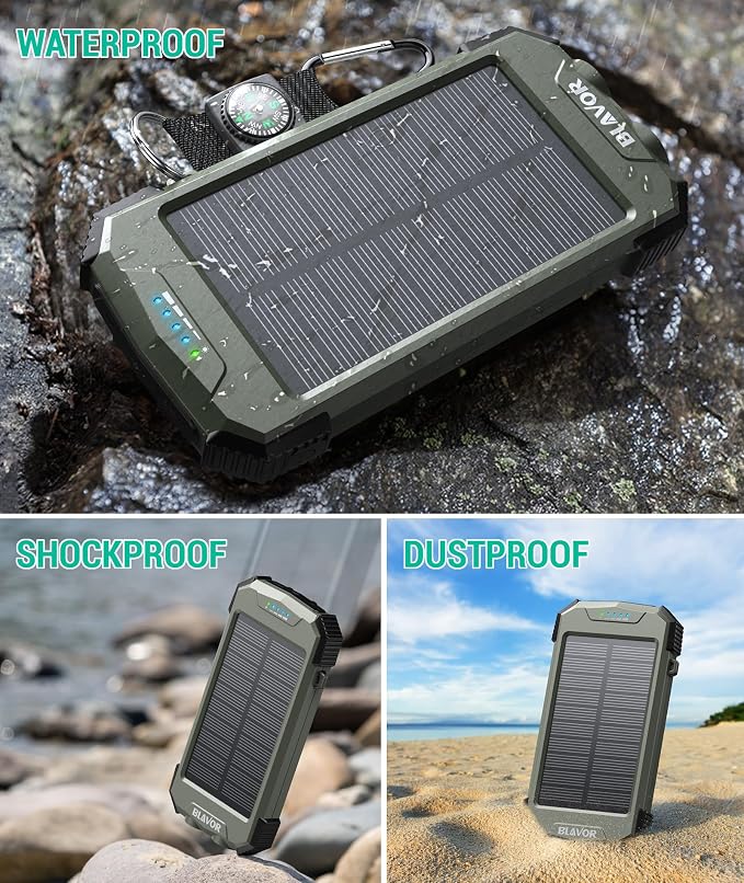 BLAVOR Solar Power Bank 10000mAh Portable Wireless Charger 20W Fast Charging External Battery Pack with USB C for Cell Phones Solar Panel Charging with Dual Flashlight for Camping