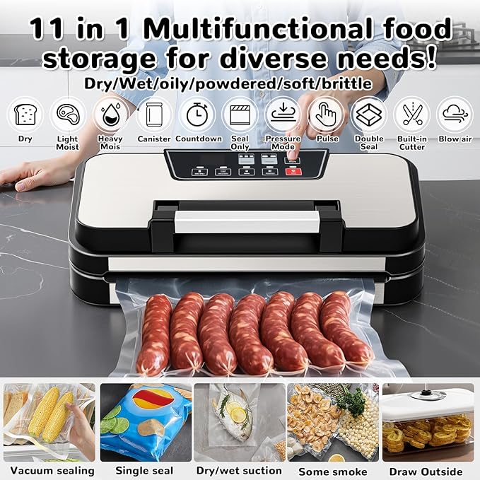 Vacuum Sealer Machine, 95Kpa Powerful Automatic Food Sealer, Built-in Cutter & Bag Storage, Progress Display, Easy-Lock Handle, for Dry Moist Food Preservation, Extend Freshness Longer