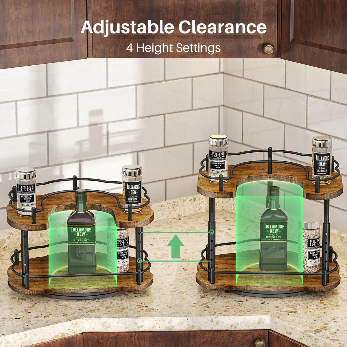 Lazy Susan Organizer Spice Rack - Spice Organization for Cabinet Height Adjustable Rotating Lazy Turntable, Pantry Kitchen Wood Revolving Seasoning Organizer, 12 inches, Black