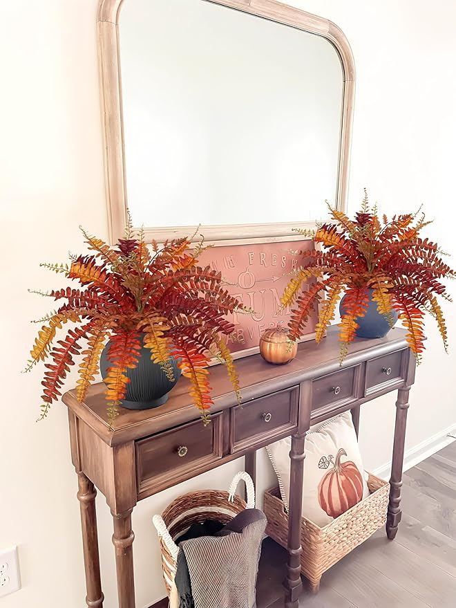 Fall Ferns Artificial Plants 2 Pack Faux Ferns for Outdoor Planter Fake Fall Leaves Stems Artificial Fern Bouquet 2Pack Autumn Shrubs for Table Centerpiece Porch Vase Home Garden Thanksgiving Decor