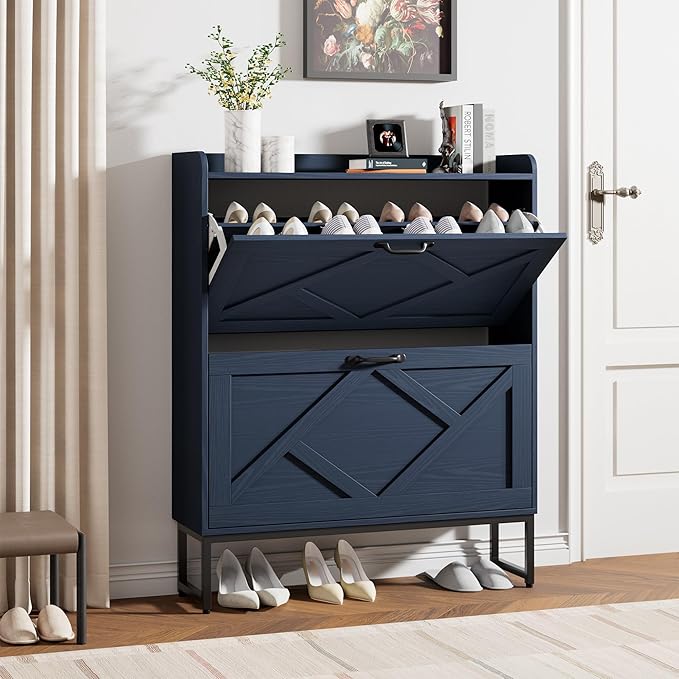 Nicetree Shoe Storage Cabinet, Shoe Cabinet with 2 Flip Drawers, Narrow Shoe Rack Cabinet, Farmhouse Slim Shoe Cabinet Storage for Entryway,Blue