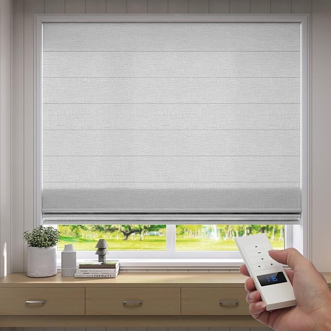 ZSTARR Smart Roman Shades Rechargeable Motorized Blinds with Remote Light Filtering Roman Window Shades Plain Fold Soft for Doors Bedroom, Custom Size (Light Gray)